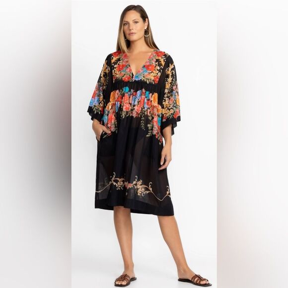Johnny Was Easy Cotton & Silk Blend Coverup Dress in Black Royal Floral Multi M - Picture 1 of 7